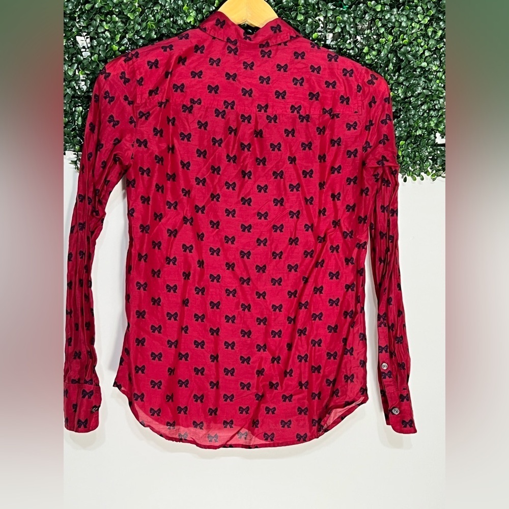 J. Crew Silk Cotton Popover in Bows Professional Holiday Red Top Blouse Size 2 - Picture 3 of 10